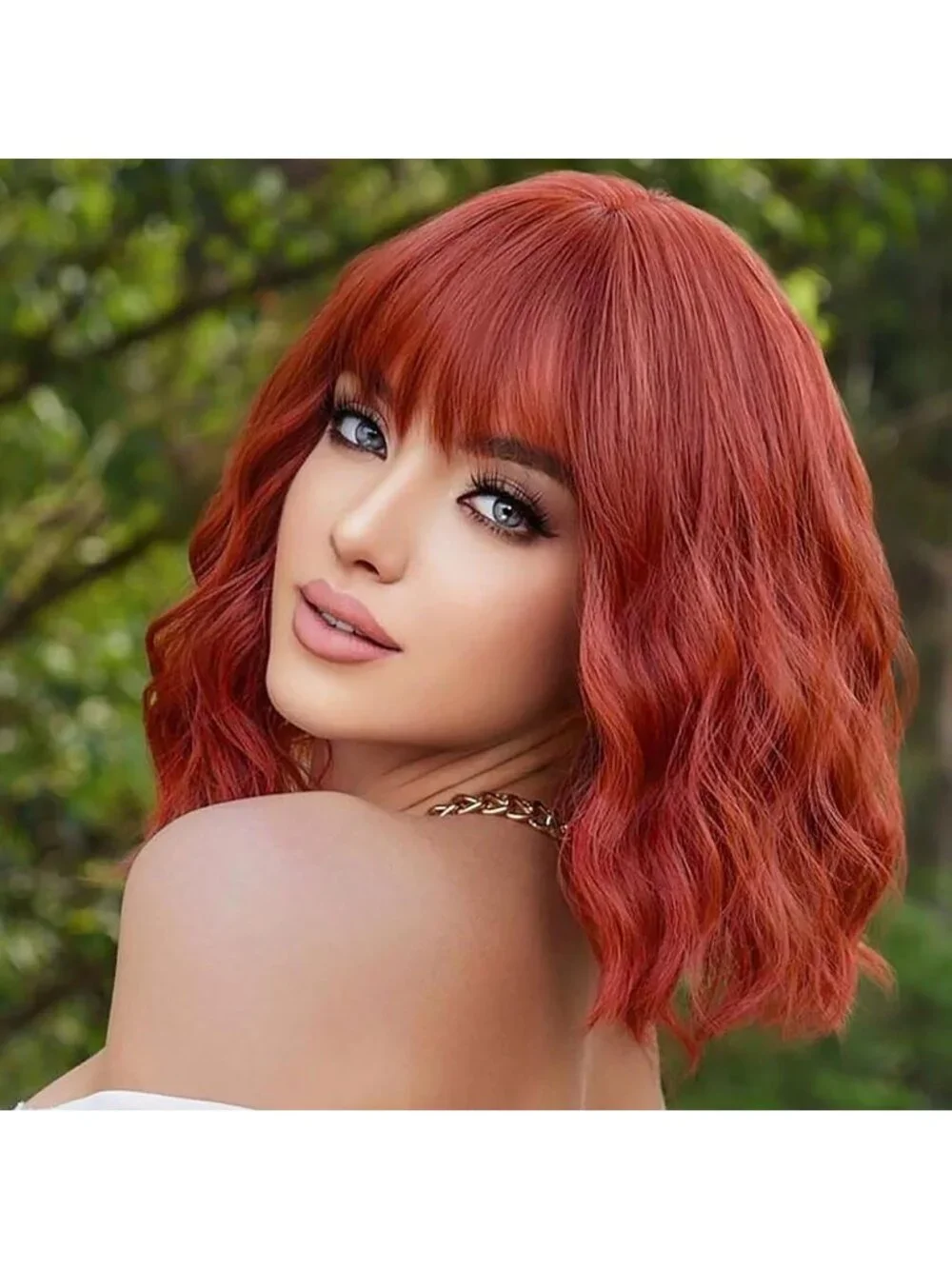 Women's Red 14 Inch Heat Resistant Short Wavy Hair Pastel Bob Wig Bangs